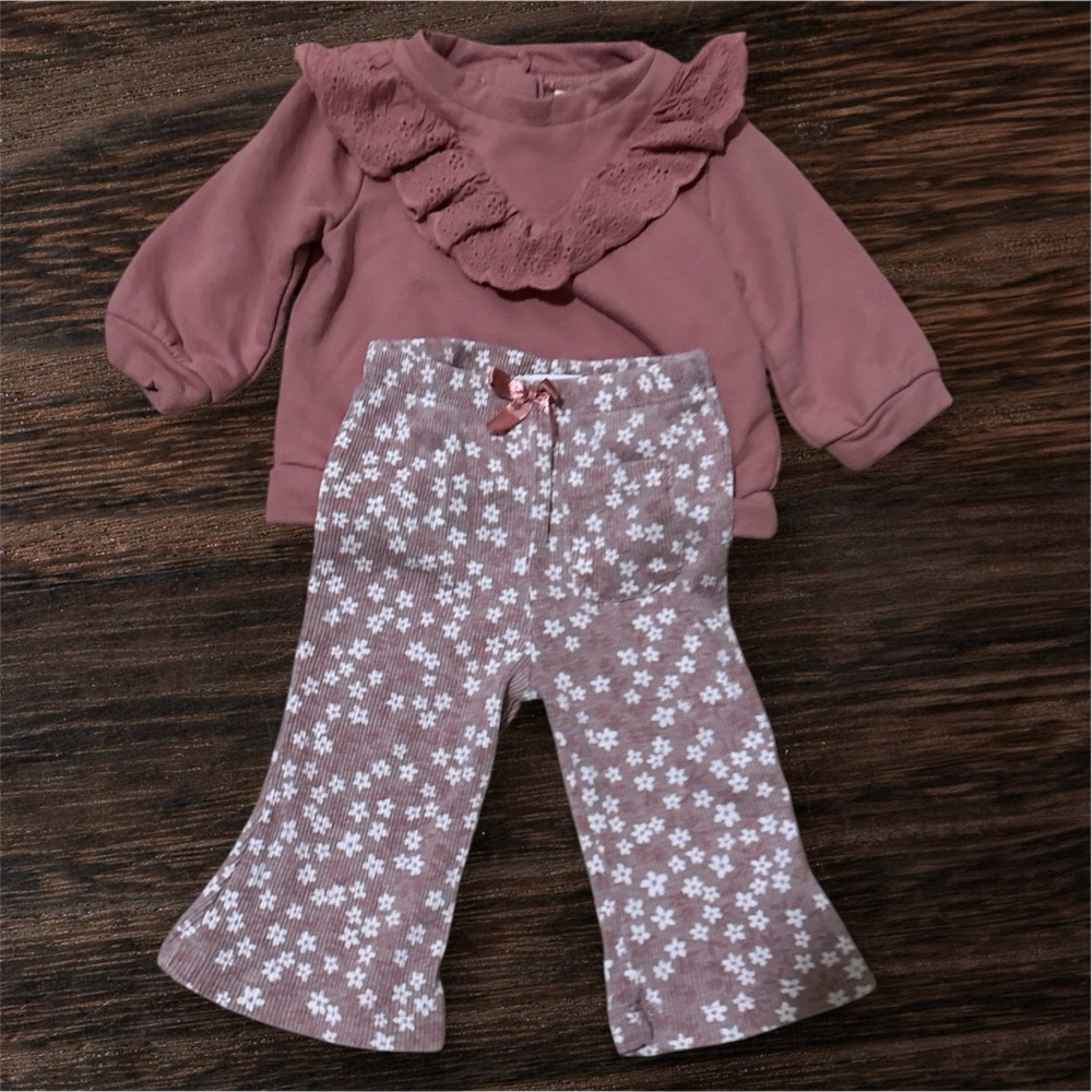 Pink Ruffled Top and Floral Pants Set